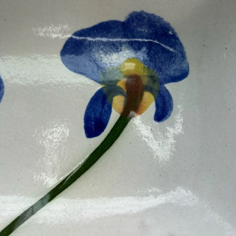 Blue iris handmade off white pottery ribbed edge casserole dish stamped